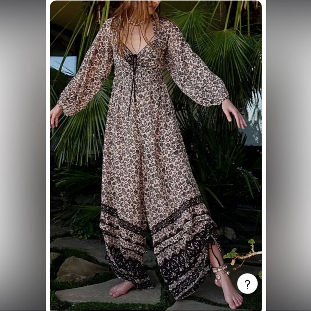 Free People Floral Printed Long Sleeve Jumpsuit in Brown and Black